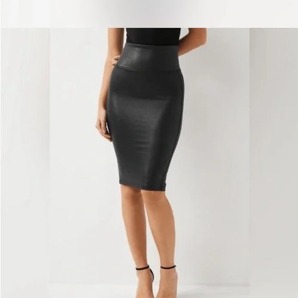 SPANX solid Black Pencil Skirt fitted tight slimming oil shine suit bottom sz M - Picture 7 of 10